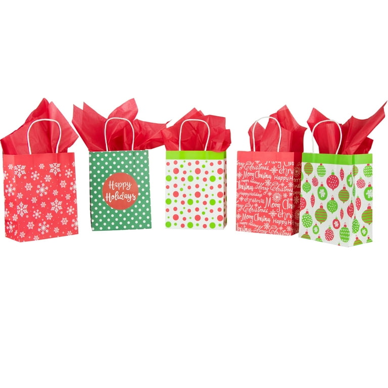 Christmas Holiday Themed Gift Bag and Tissue Paper Set, 10 Pack, Red