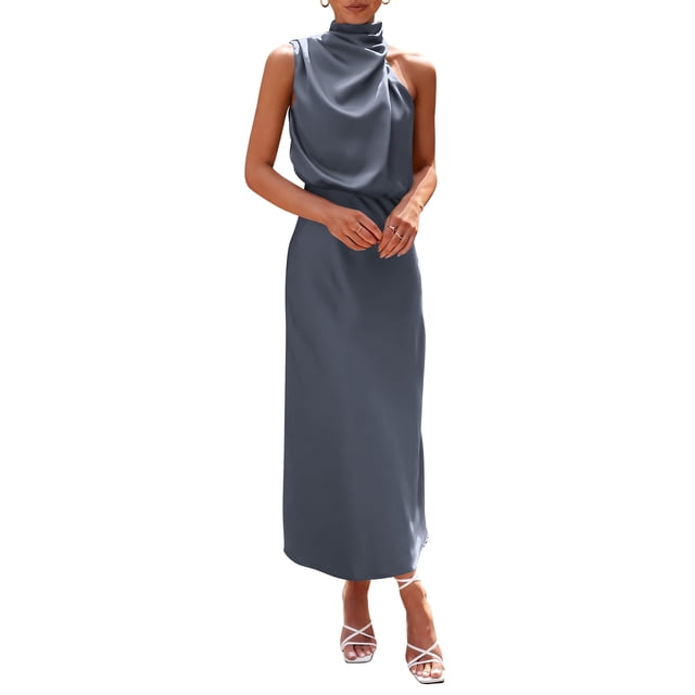 Vestido PRETTYGARDEN 2025 Verano Satén Sin Mangas Cuello Simulado Gris Azul Talle S