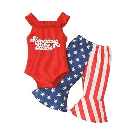 

Outfits Set For Toddlers Girl Sleeveless Independence Day 4Th Of July Letter Printed Ribbed Romper Bodysuits Bell Bottoms Pants Outfits For 6-9 Months