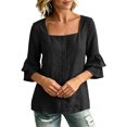 thumbnail image 6 of Tops for Women 3/4 Sleeve Square Neck Solid Color Casual Cotton Linen with Petal Sleeves Top, 6 of 8