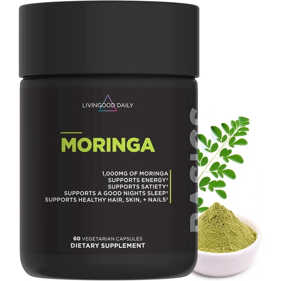 Livingood Daily Moringa Capsules 1000mg, 60 Capsules – Organic Moringa Superfood Greens Supplements, Gluten Free, Non GMO, Vegan