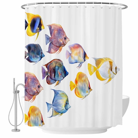 Shower Curtain Bathroom Set Summer Fish School Funny Animals Waterproof Fabric Shower Curtains with Grommets&Hooks, Watercolor Gradient Privacy Bath Curtain for Bathtub 36x72in