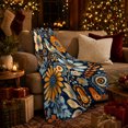 thumbnail image 3 of Blue Floral Bird Pattern with Orange Daisy Blooms, Folk Art Cozy Flannel Blanket, Home Decor for Bird Lovers, Bedroom and Sunroom, Housewarming Gift, Vintage Garden Scene, 3 of 8