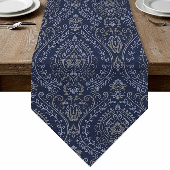 Navy Blue Table Runner Linen Burlap Table Runner 60 Inches Long Boho Vintage Ethnic Tribe Abstract Art Dresser Scarves for Kitchen Island Coffee Dining Party Wedding Banquet Holiday Decor 13"x60"