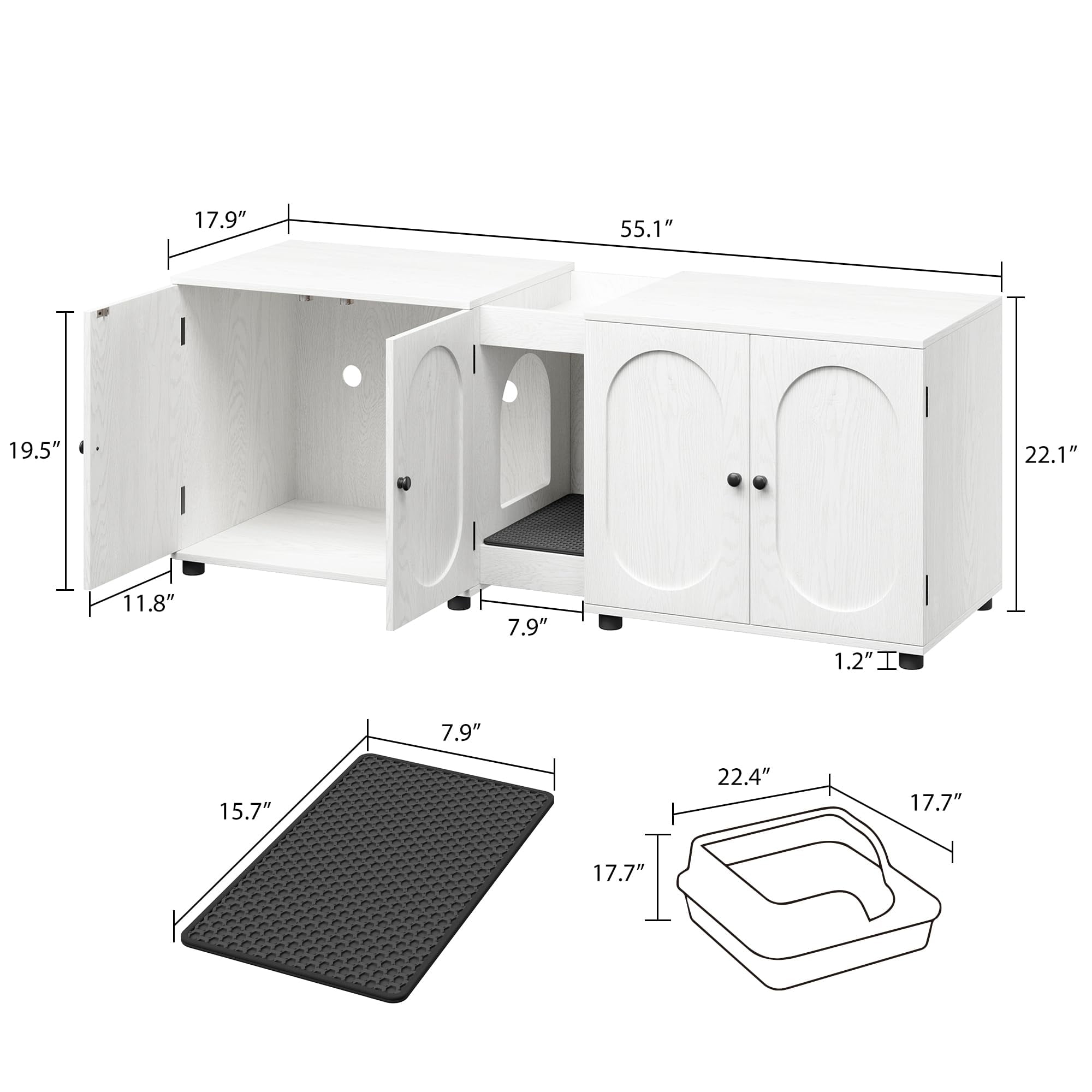 TROPOW Cat Litter Box Enclosure 55.1" Double Litter Box Furniture Large Cat Box Enclosure Kitty Litter Box for 2 Cats Hidden Cat Litter Cabinet Double Cage with Cat Litter pad Rattan Door,White