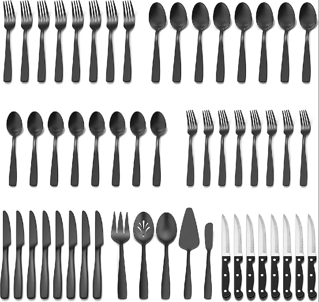 65Piece Matte Black Flatware Set with Steak Knives & Serving Utensils