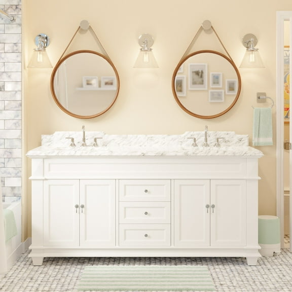 Elizabeth 72" Double Bathroom Vanity with White Cabinet and Carrara Marble Top