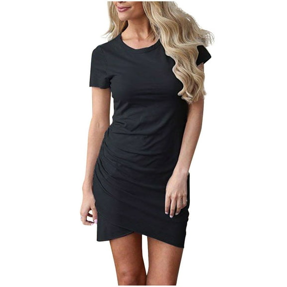 QUYUON Women Bodycon Mini Dress Summer Round Neck Short Sleeve T-Shirt Tunic Dress Work Office Business Pencil Dresses Asymmetrical Evening Cocktail Party Club Short Dress, Black XXL