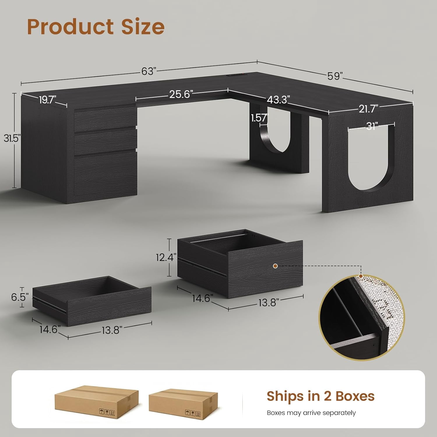 63" L Shaped Computer Desk with 3 Drawers, Modern Wood Corner Office Desk with U-Shaped Legs & Relief Texture, Executive Desk