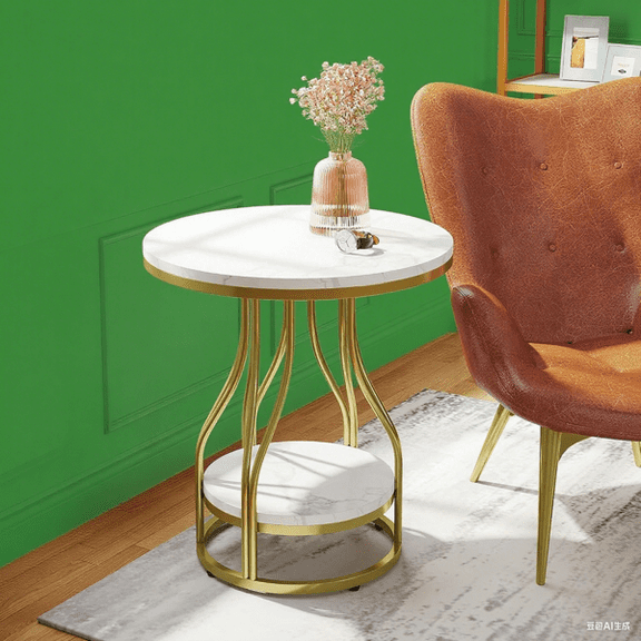 2-Tier Faux Marble End Table, White & Gold Round Side Table for Living Room/Bedroom/Nightstand