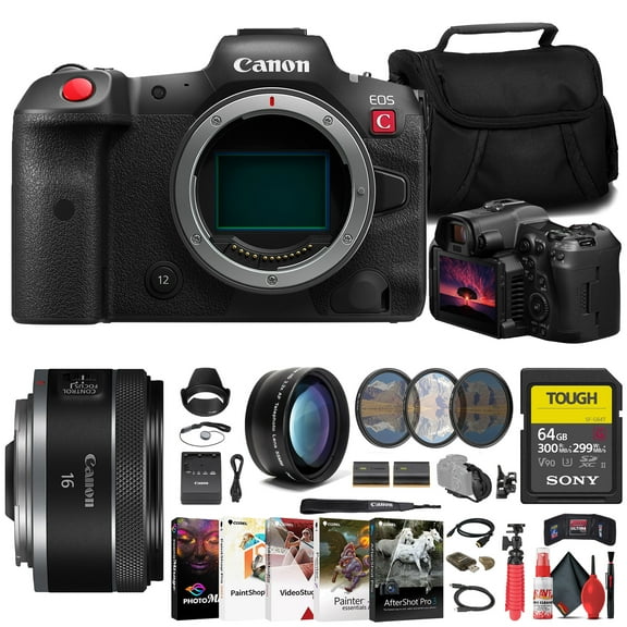Canon EOS R5 C Mirrorless Cinema Camera 5077C002 Canon 16mm Lens 5051C002 Sony 64GB TOUGH SD Card Filter Kit Bag Charger LPE6 Battery Telephoto Lens Card Reader International Model