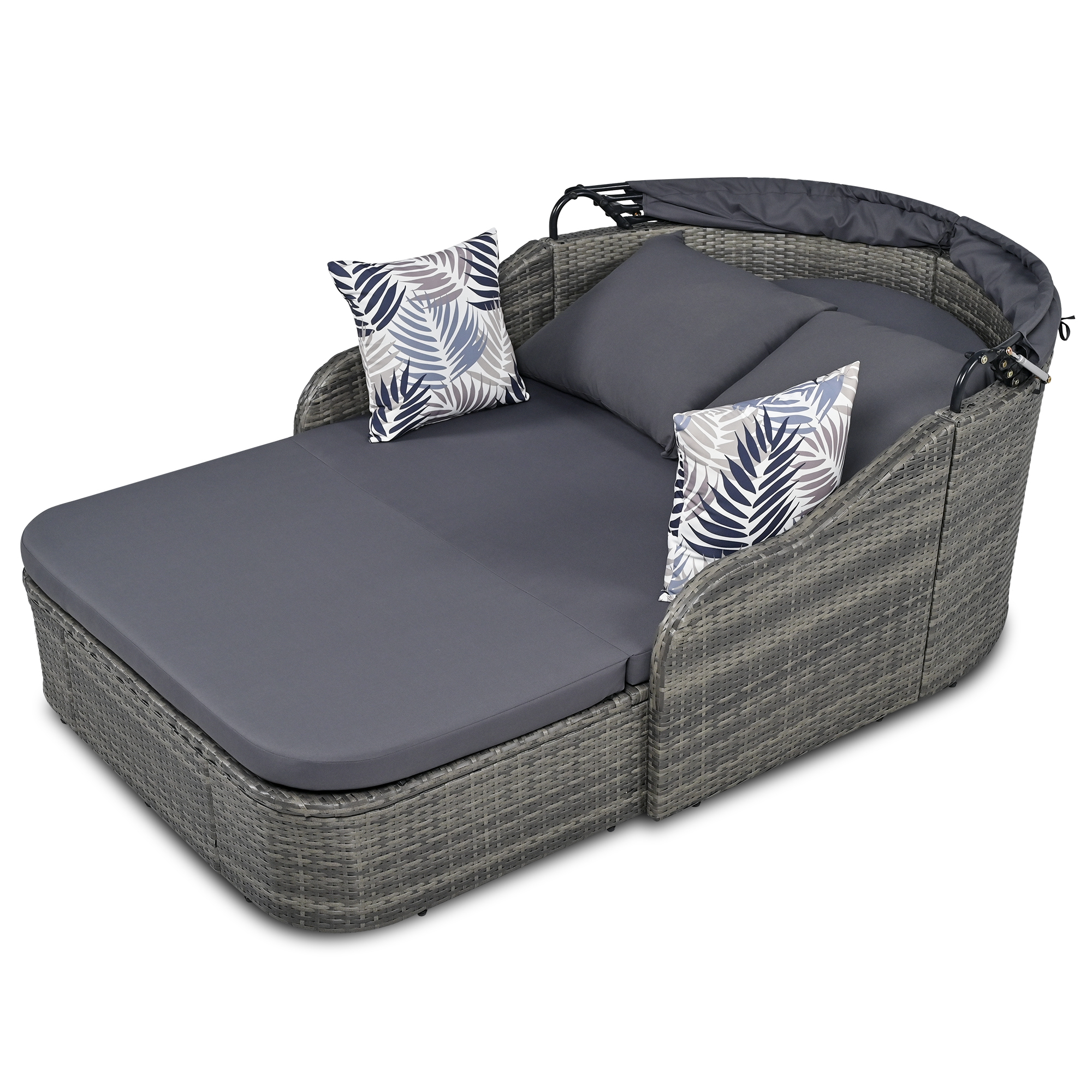 80" Outdoor Sunbed with Adjustable Canopy,Sectional Rattan Round Bed with Double lounge,Gray