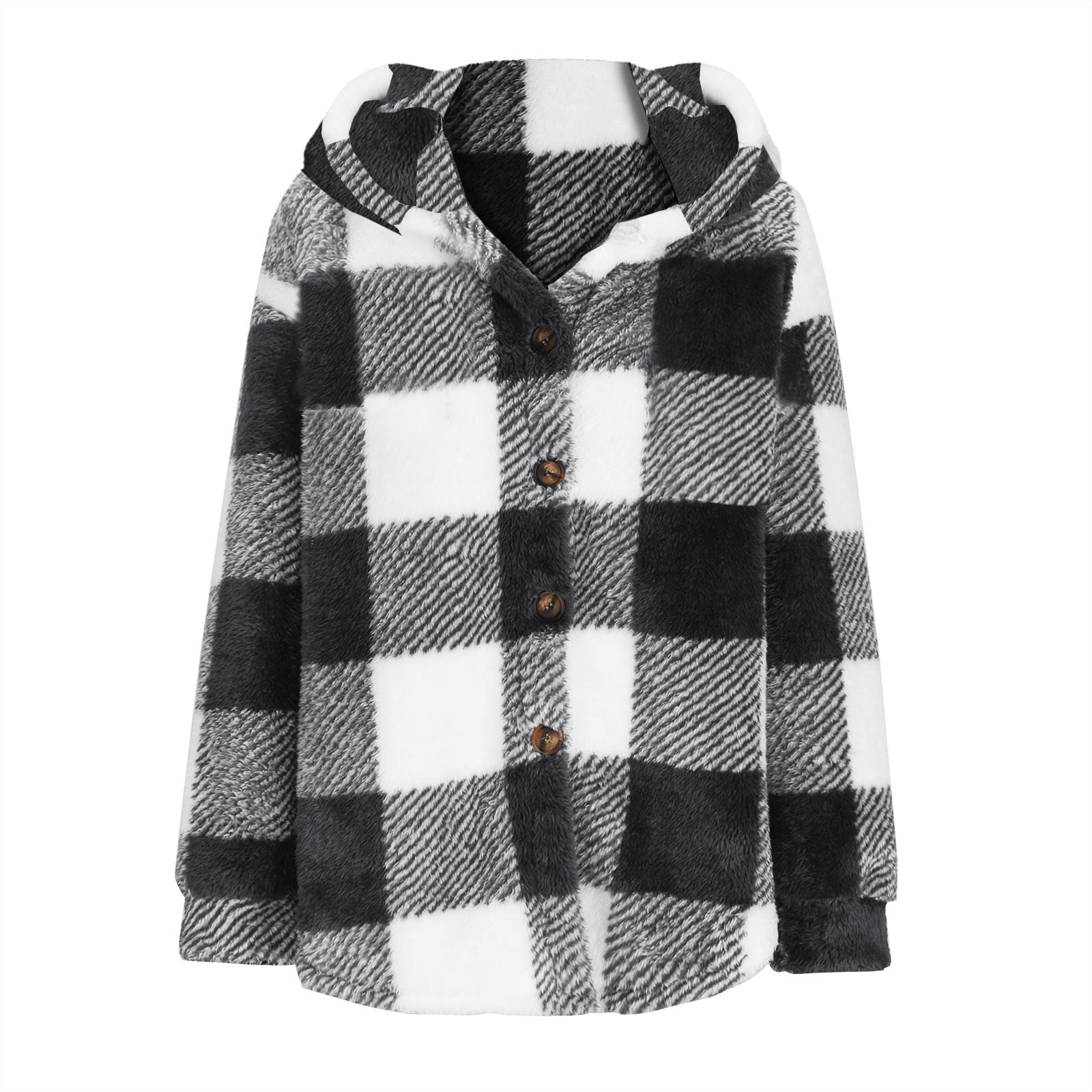 Brnmxoke Womens Plus Size Fuzzy Fleece Jacket Long Sleeve Button Down Plaid Hooded Sherpa Fleece Jackets Outerwear Warm Coats