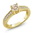 thumbnail image 2 of Gem Stone King 18K Yellow Gold Plated Silver Morganite Peach and White Created Sapphire Women's Solitaire Ring with Accent Stones (0.55 Cttw, Round Shape 5MM, Size 5), 2 of 2