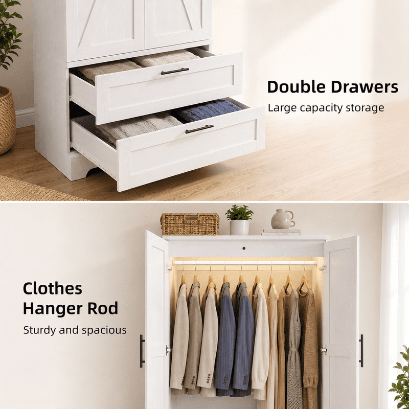 Lacoo White Wardrobe Armoire, 70.8 in, 2 Drawers, Motion-Sensor Light