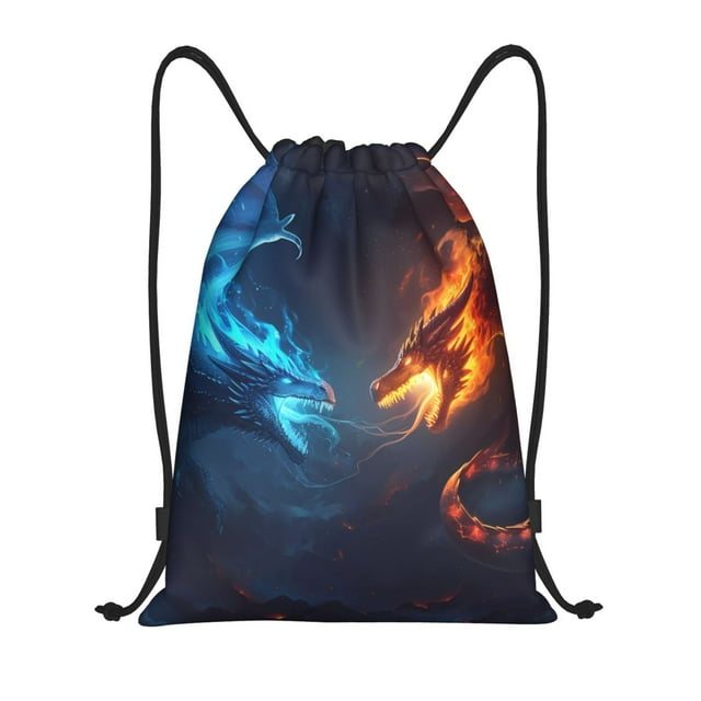 Gaeub Red And Blue Fire Dragon C Drawstring Backpack Bag Sport Gym Sackpack Heavy Duty String Backpack for Men Women-Small
