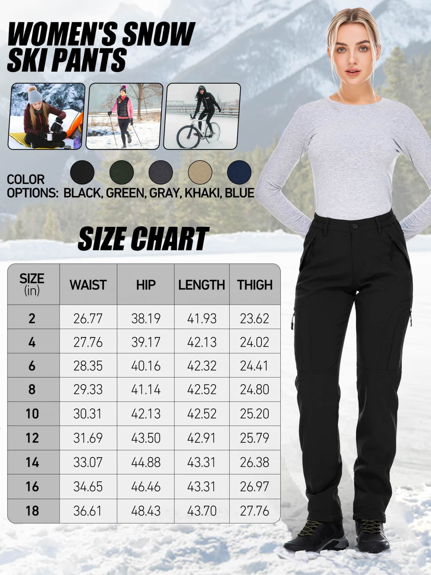 FEN AI Women's Fleece Lined Snow Pants Water Repellent Insulated Softshell Pants Outdoor Snow Ski Pant Winter Warm Hiking Trousers Black
