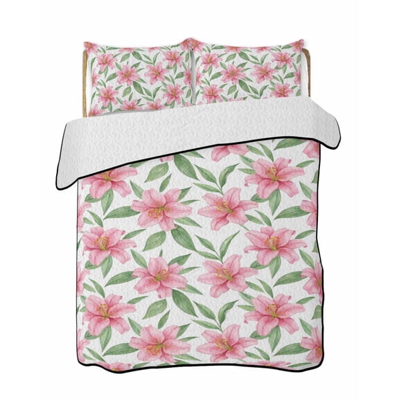 Twin XL Quilt Bedding Set, Flowers Reversible Summer Quilt 3 Pieces, Pink Spring Floral Elegant Pastoral Botanical Lightweight Bedspreads Coverlets with 2 Pillow Shams for All Seasons