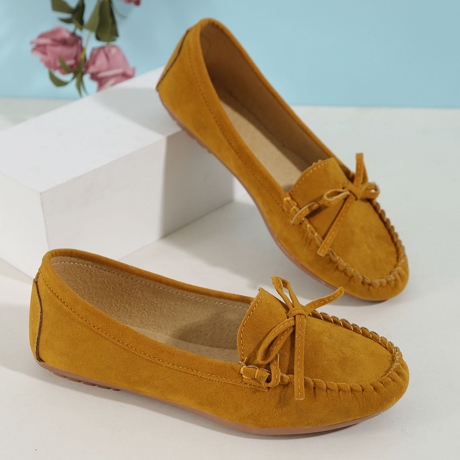 Hinvhai Women's Suede Leather Casual Penny Loafers Clearance,Retro Ladies Moccasins Comfort Non Slip Fashion Boat Shoes Classic Flats Brown 8.5(41)