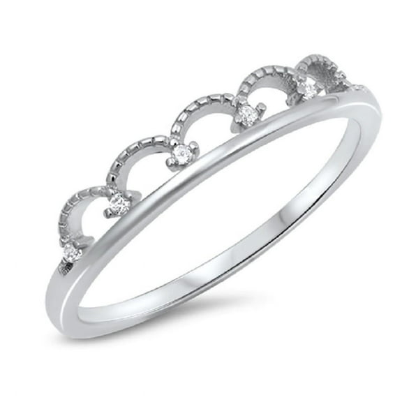 Clear Cubic Zirconia Bead Crown Ring Sterling Silver