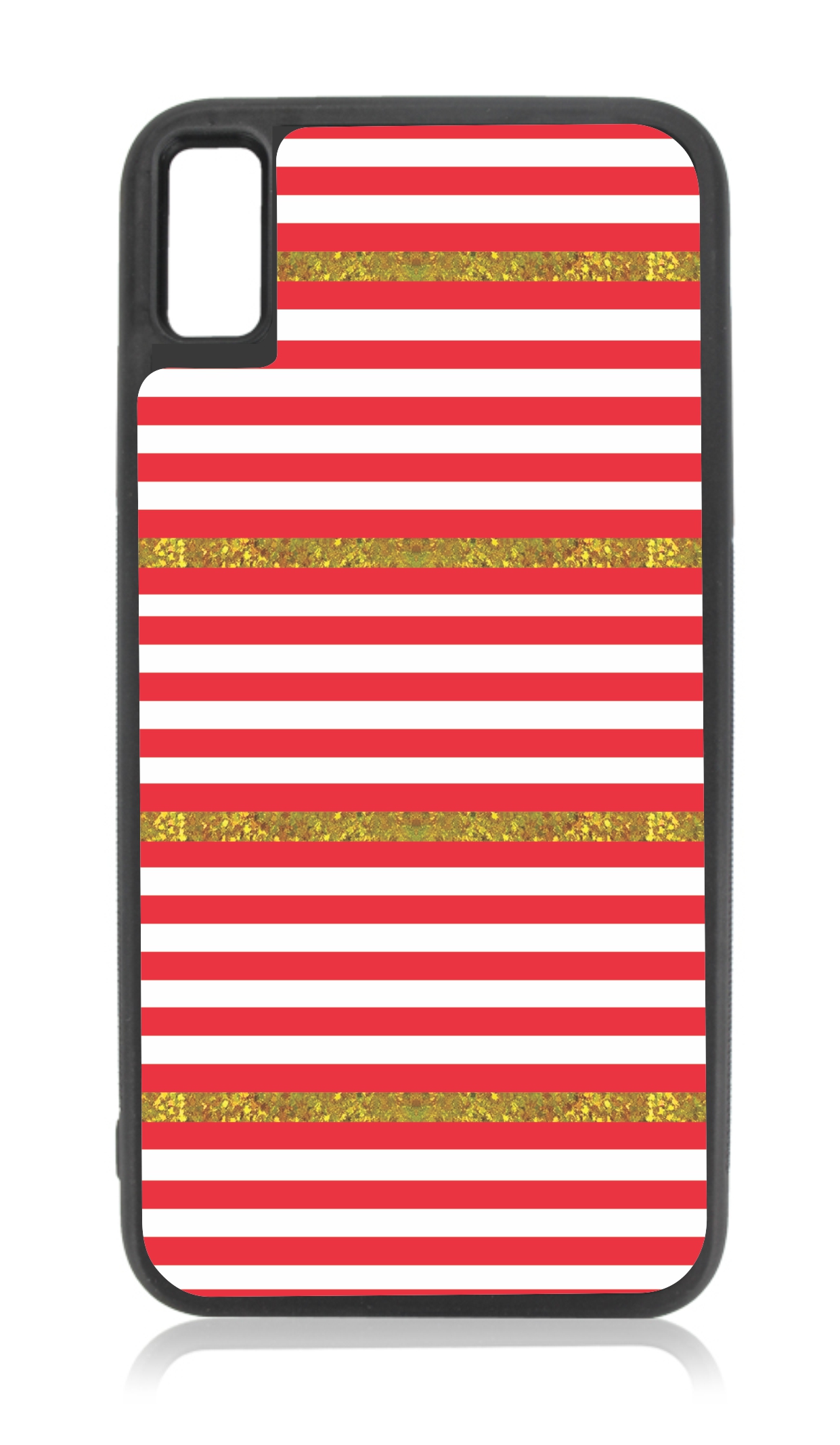 Red and Faux Gold Glitter Stripes Design Black Rubber Case for iPhone