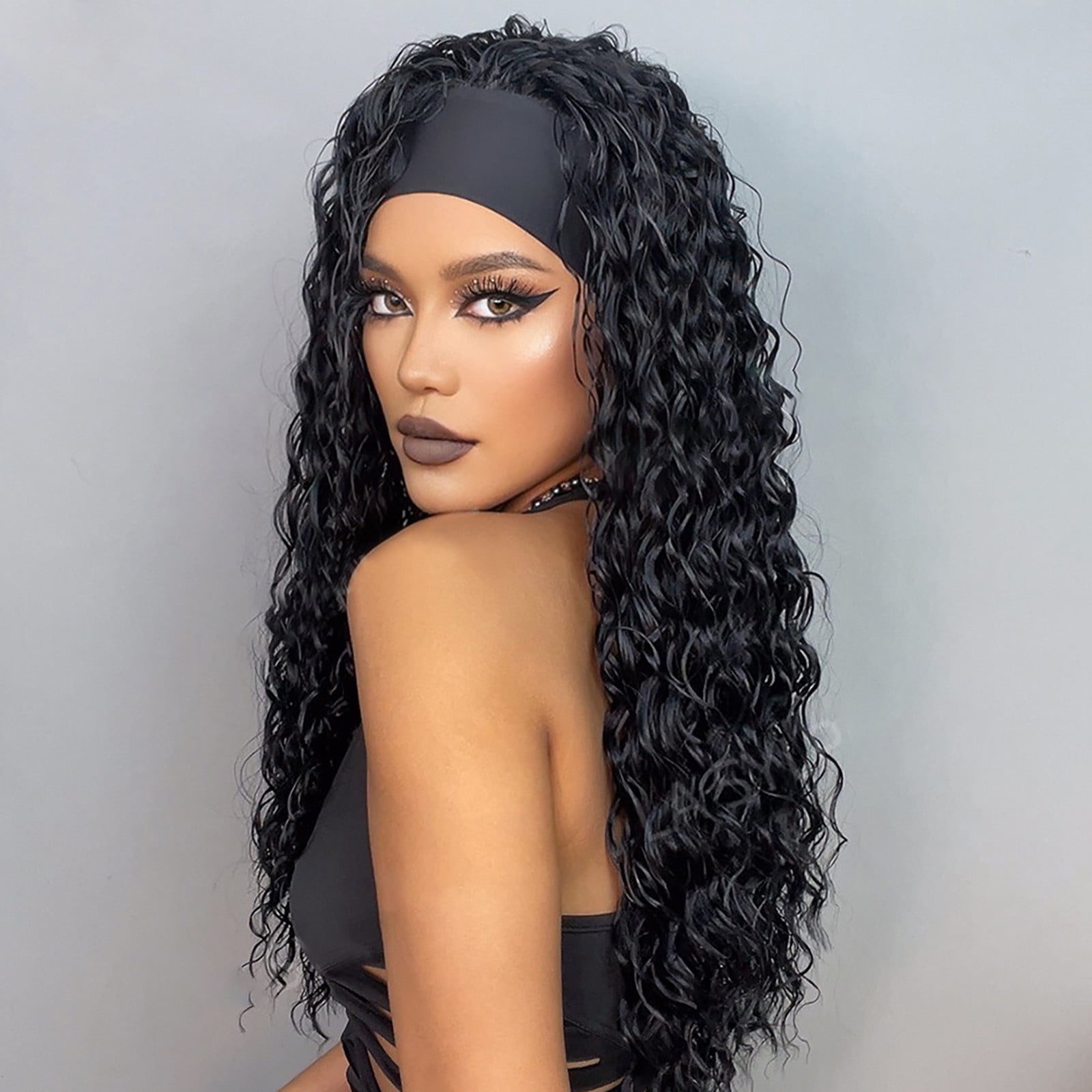 Headband Wigs Long Black Body Wave Clueless Wigs for Black Women,24inch Headband Wig Curly Deep Wave Headband Wig,Synthetic Natural Looking Wavy Head Band Wig Human Hair Wigs
