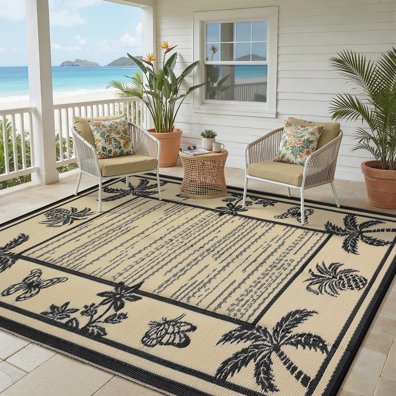 Garvee Outdoor Rug 9x12ft Waterproof Reversible Foldable Plastic Straw Rug, Tropical Leaf Border Outdoor Mat for Patio, Camping, RV, Deck, Porch, Balcony, Black Coffee