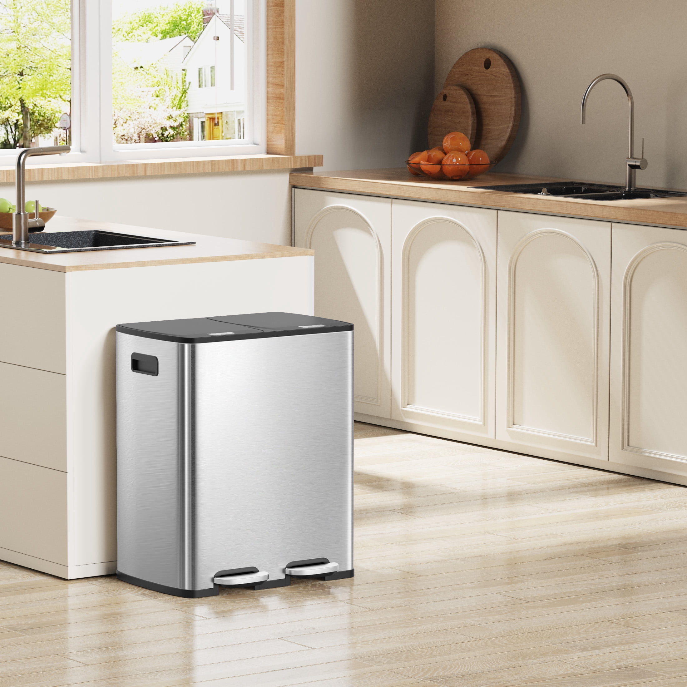 KSSKSS 16 Gallon/60L Stainless Steel  Step Garbage Can for Kitchen, with 40 Trash Bags,2 x 8 Gallon (2 x 30 L) Double Compartments with 2 Plastic Inner Buckets,Airtight,Silver