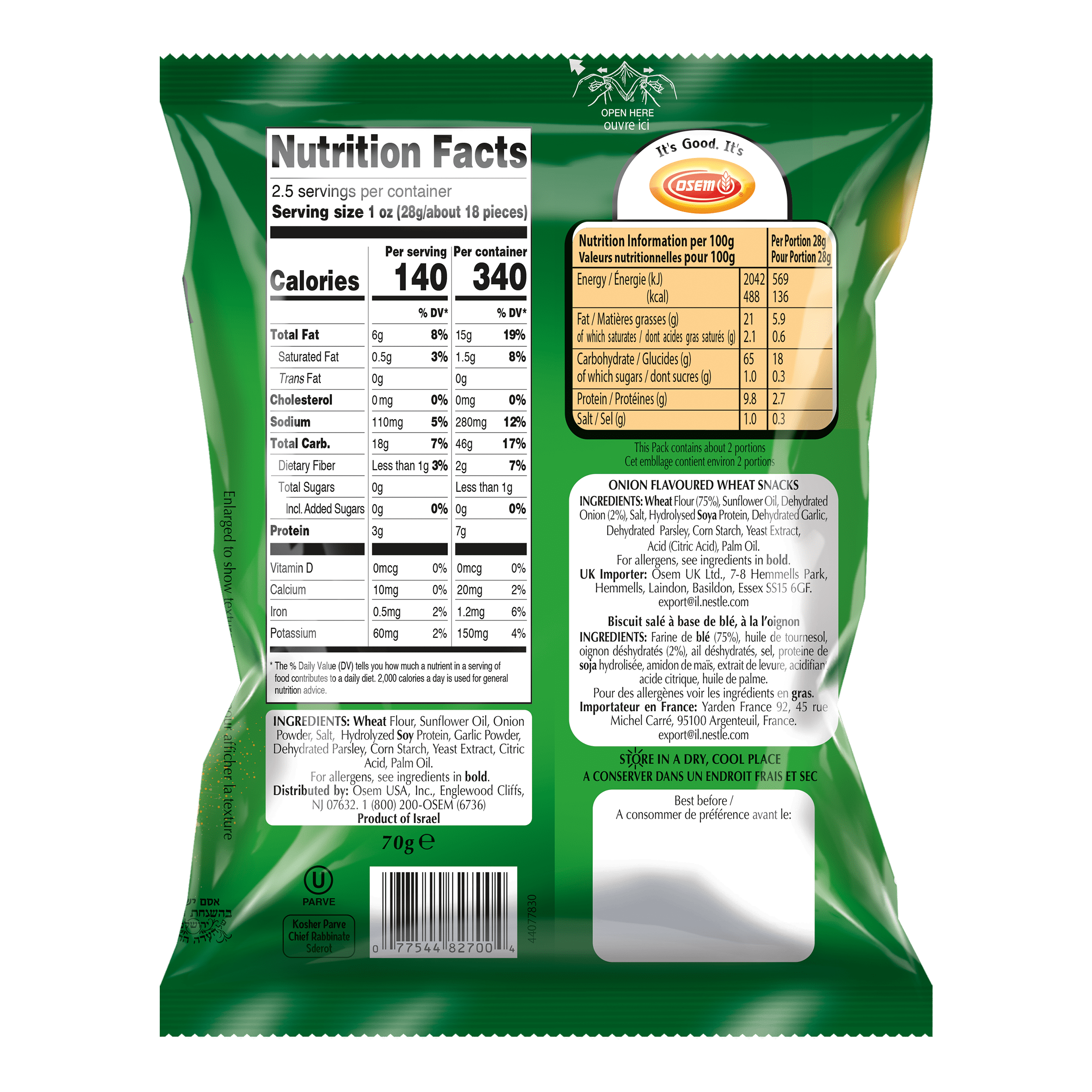 (4 pack) Osem Bissli Onion Flavor, 2.5 oz