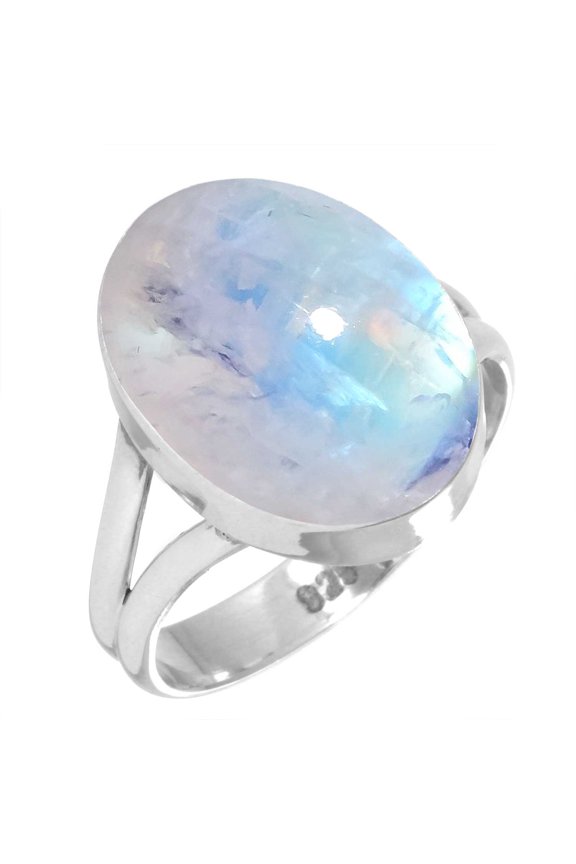 925 Sterling Silver Ring For Women White Natural Rainbow Moonstone Gemstone Silver Ring Size 7.5 June Birthstone Fashion Silver Ring Size 7.5 Thanksgiving Gift For Wife 925 Silver Gemstone Jewelry