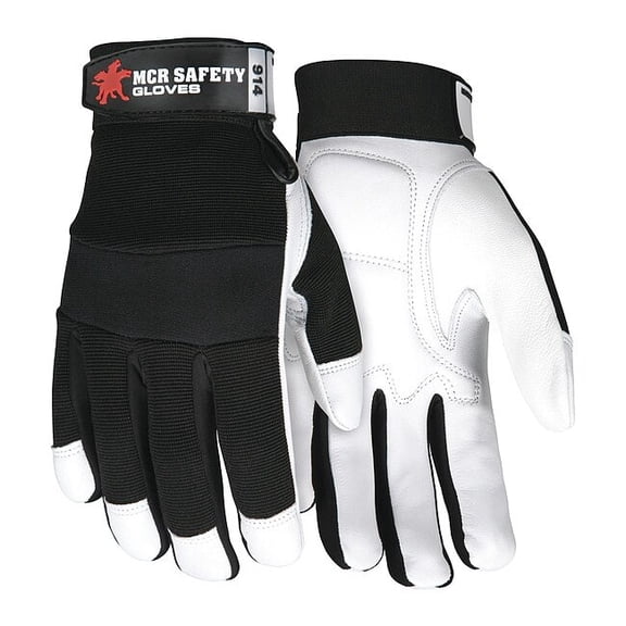 914 Mechanics Gloves, Goatskin Palm, Spandex Back, XL, Black/White