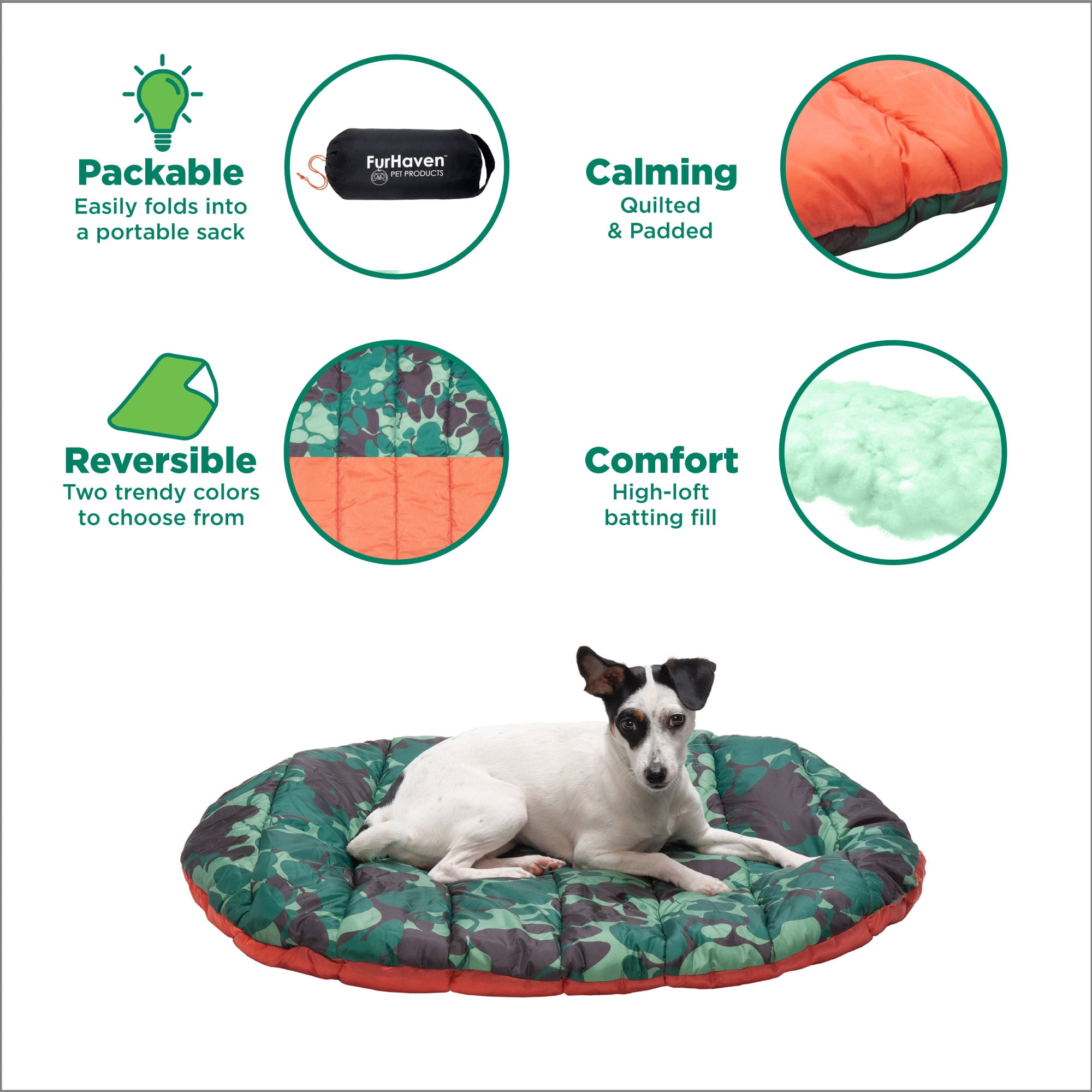 FurHaven Trail Pup Packable Travel Pet Pillow with Stuff Sack, Orange Camouflage, Small, 1 Count