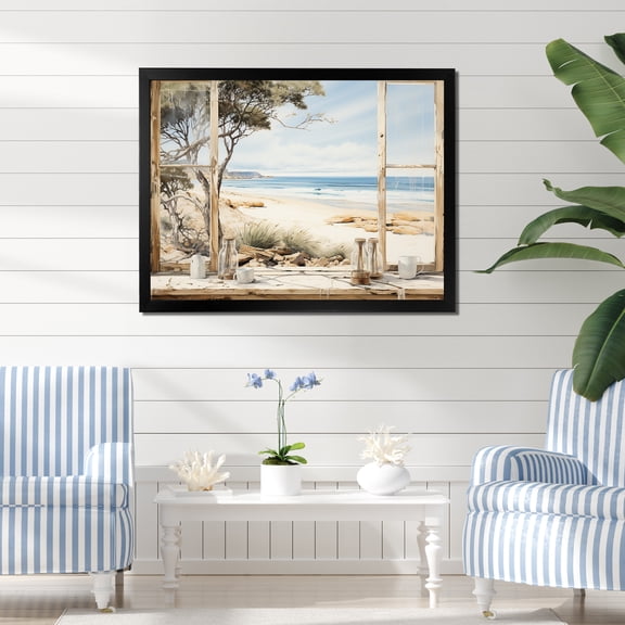 Designart "Charm of Beachside Cottage I" Coastal Framed Wall Art Decor - Coastal White Coastal Windows Entryway Framed Wall Art Print