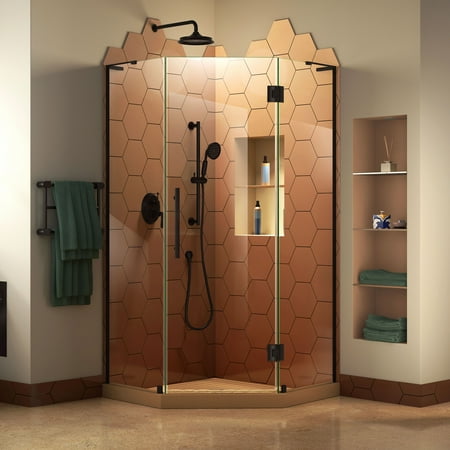 40 Inch Neo Angle Shower - DreamLine Prism Plus 40 in. x 72 in. Frameless Neo-Angle Hinged Shower Enclosure in Satin Black