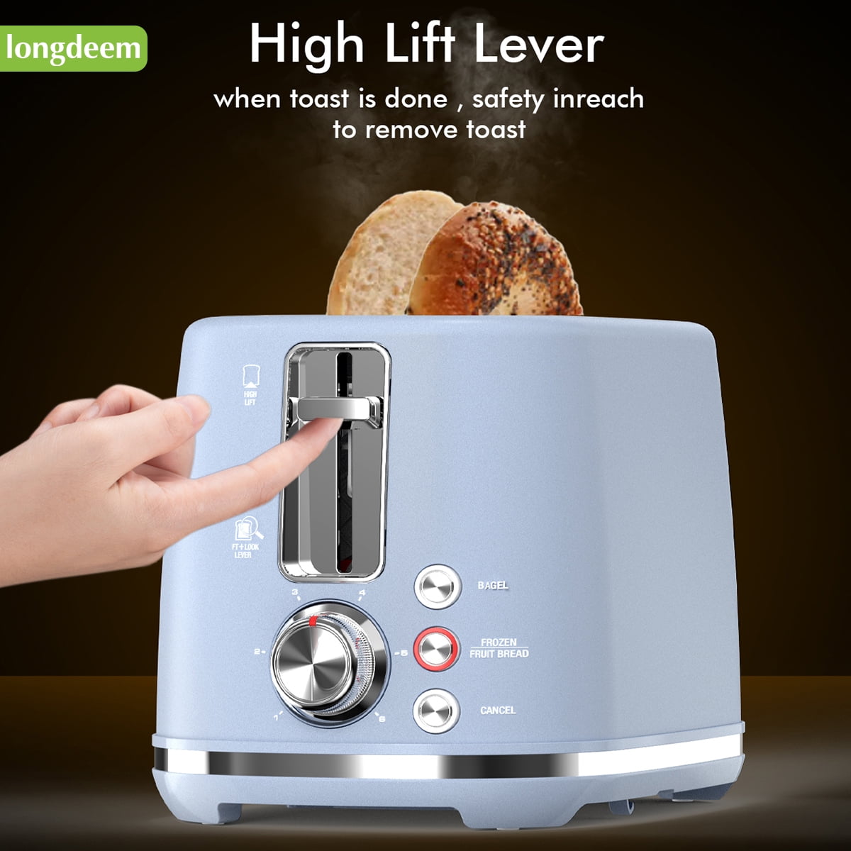 LONGDEEM 2 Slice Toaster - 6 Settings, Extra Wide Slots, High Lift, Auto Shutoff - Blue