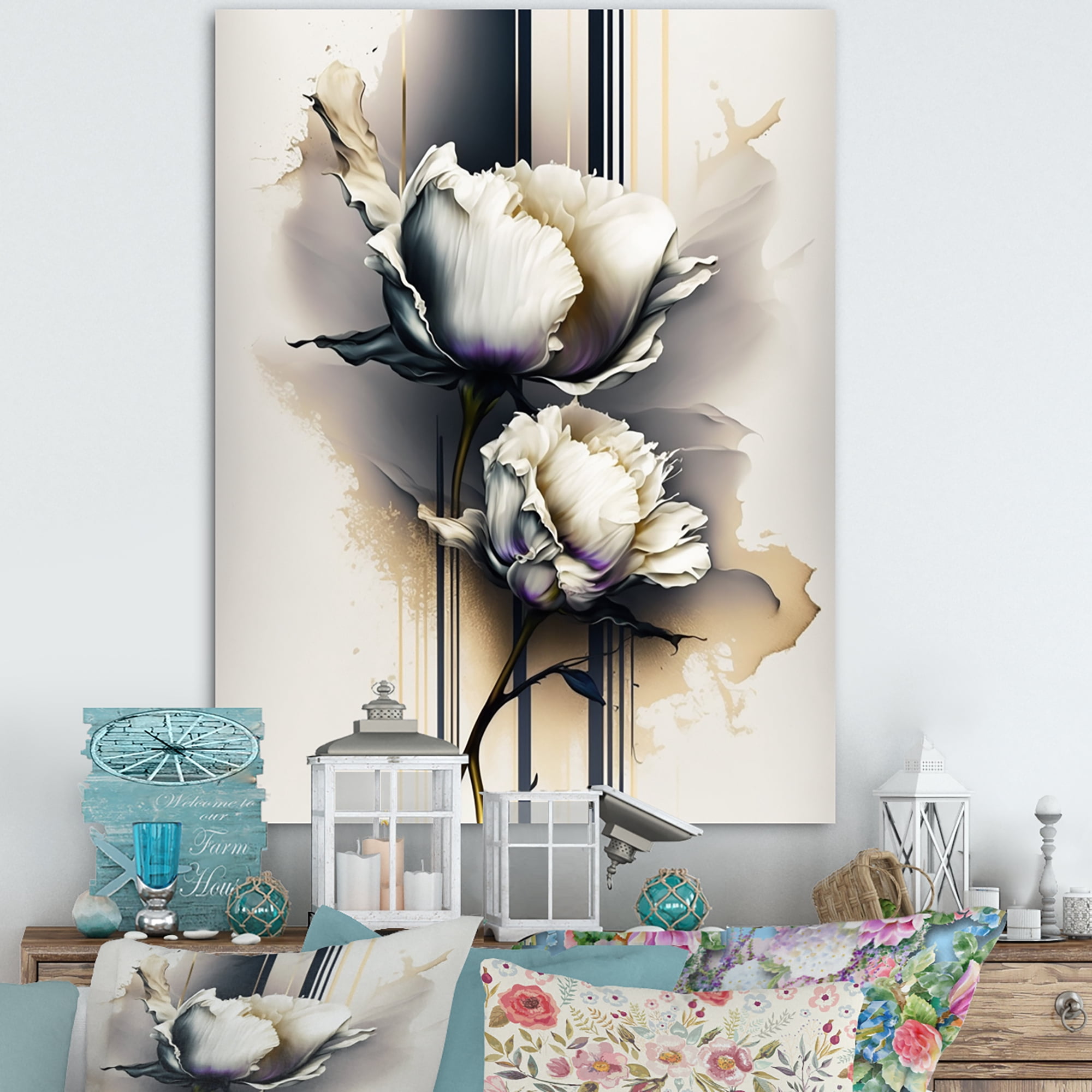Designart White Peony Flower On Golden Beige Paint Canvas Wall Art