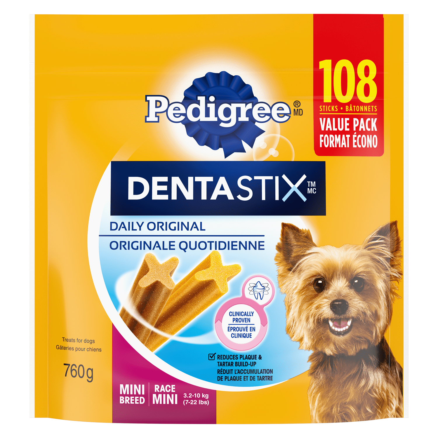 Gâteries de soins buccodentaires PEDIGREE DENTASTIX Mini saveur originale, format méga, 108 bâtonnets, sachet de 760 g