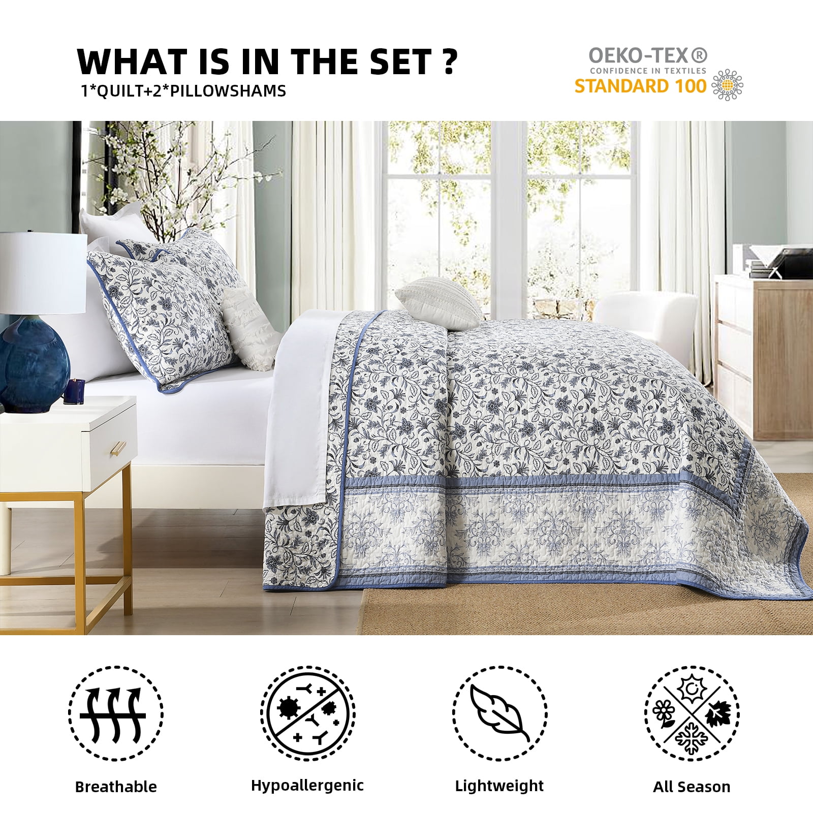PANGUSHAN 100% Cotton Queen Quilt Set, Floral Queen Size Quilt Bedding Set Bedspreads, Reversible Botanical Patterns Quilted Lightweight Comforter, Blue/White/Gray Bed Spread for Queen Bed