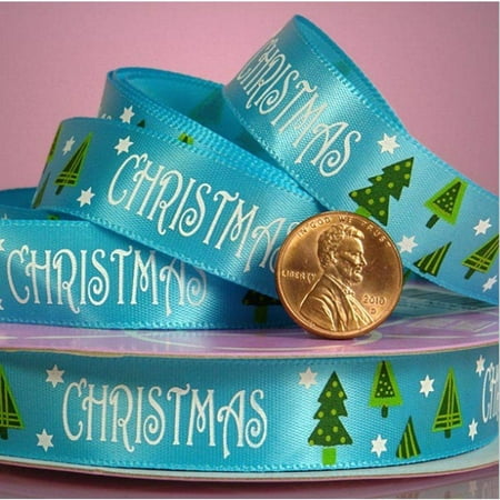 Christmas Trees On Blue Satin Ribbon - 5/8in. Width - 25