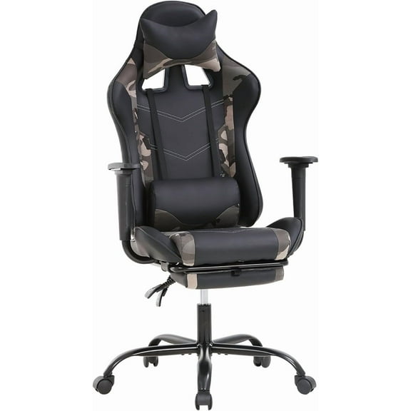 High Back Gaming Chair, Ergonomic Computer Chair with Footrest, Headrest and Lumbar Support, Height Adjustable PU Leather Desk Office Chair for Adults, Camo