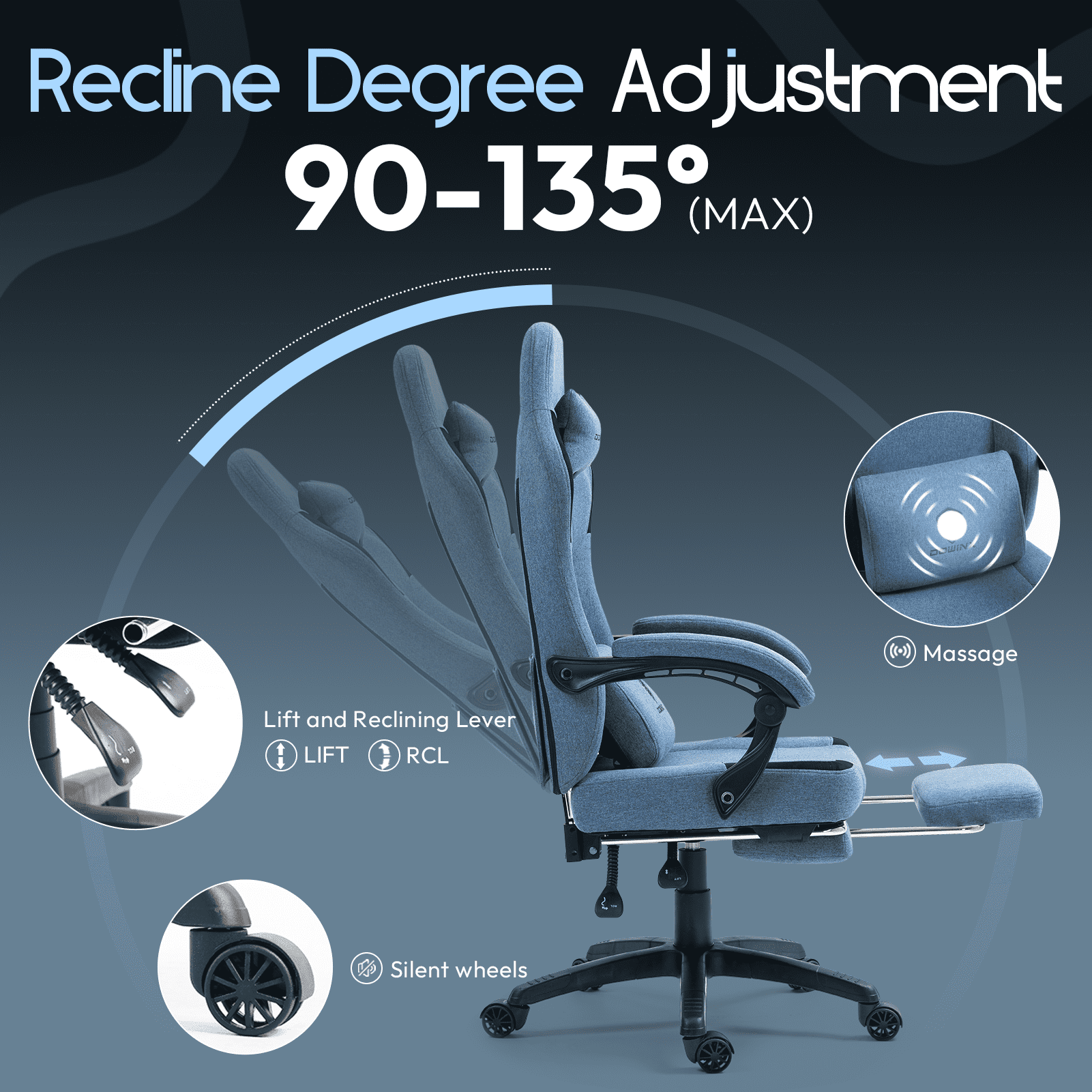 GOOSEA Fabric Gaming Chair with Pocket Spring Cushion, Breathable Computer Chair with Massage Lumbar Support and Footrest, High Back Office Chair for Adults, 300lbs, Blue