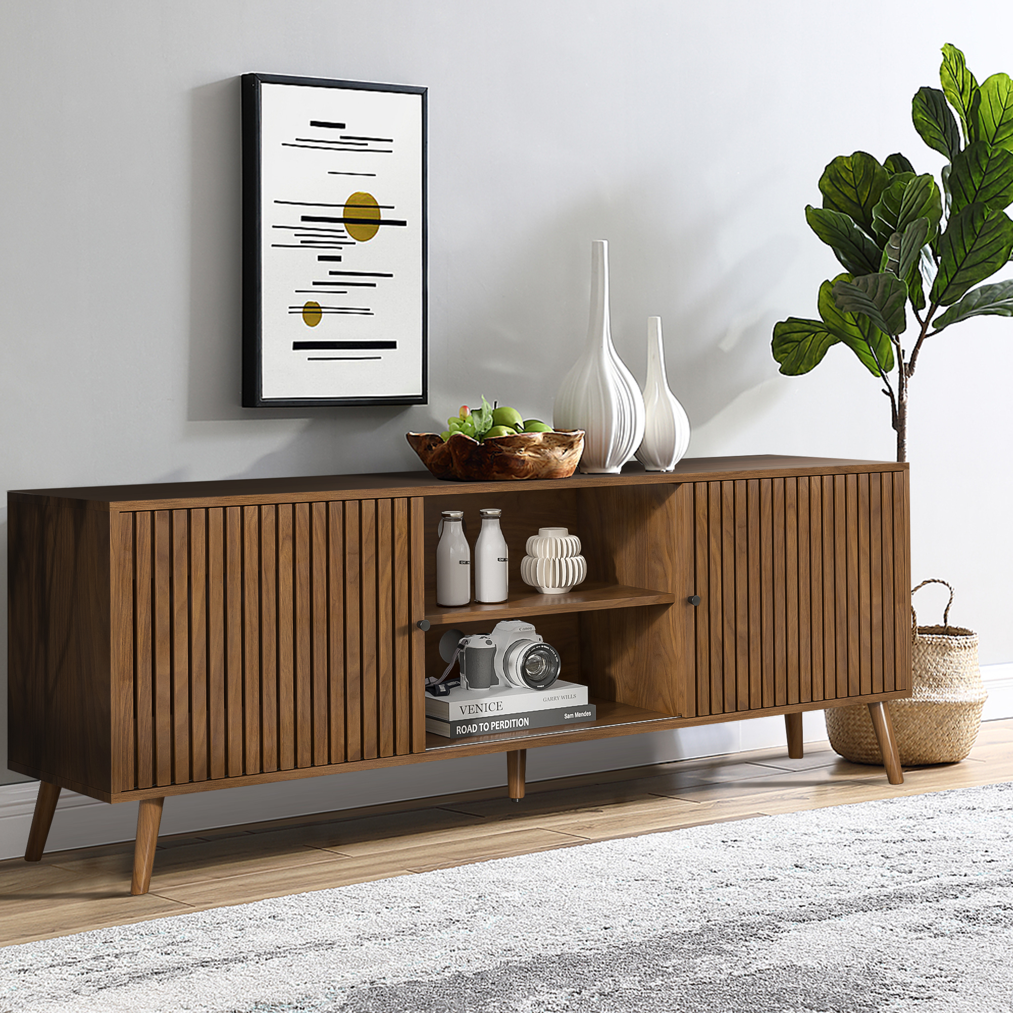 Diubas Mid Century Modern TV Stand for TV up to 70'', Television Stands, TV Consoles, Media Consoles, Walnut