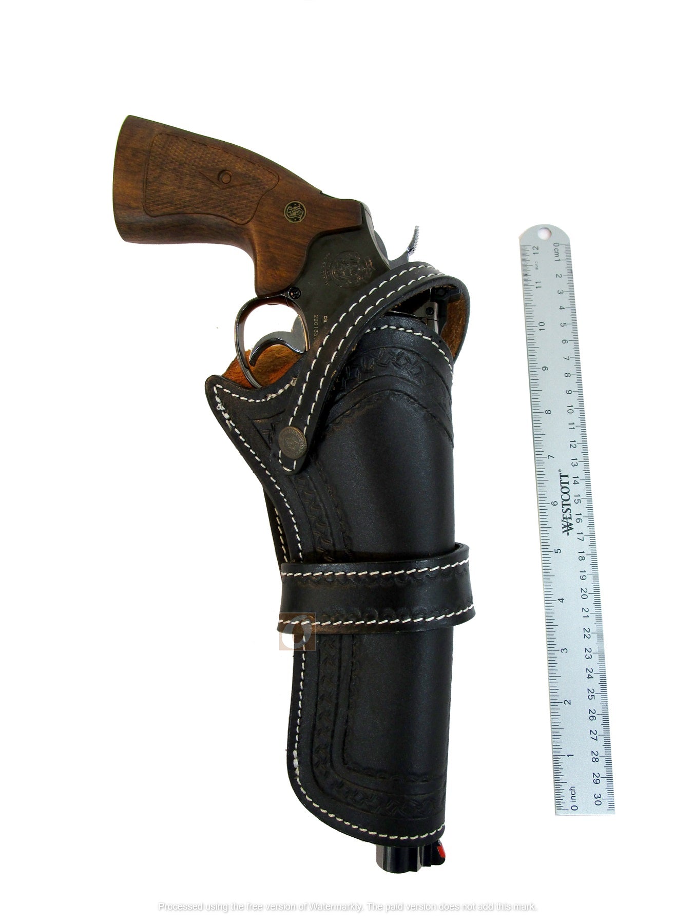 Leather Holster Long Barrel Western Gun Cover Pin Wheel Tooled Black Color - Right Handed