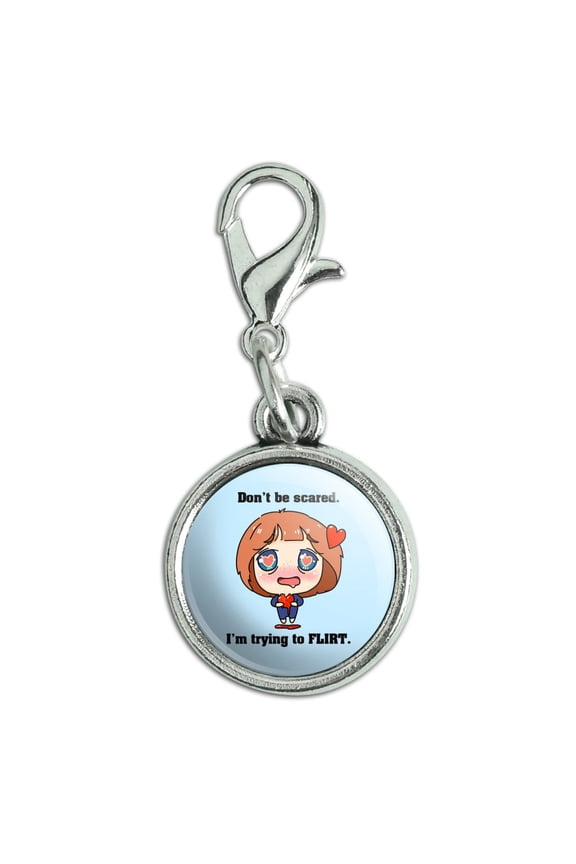 Don't Be Scared I'm Trying to Flirt Kawaii Chibi Heart Antiqued Bracelet Pendant Zipper Pull Charm with Lobster Clasp