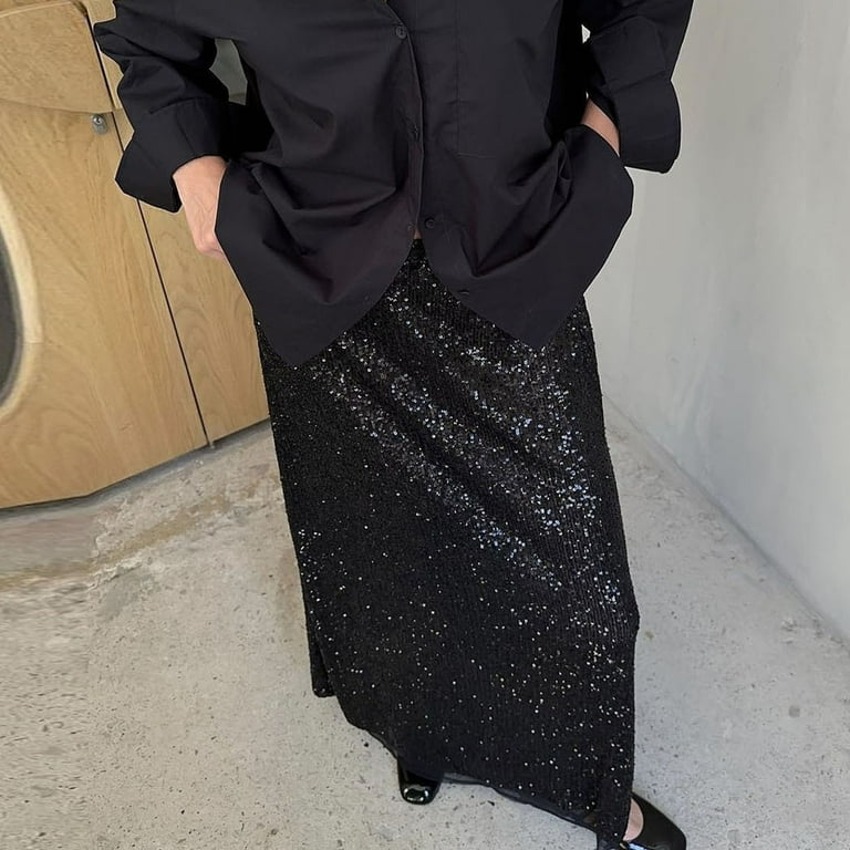 Women's Sequin Maxi Skirt Glitter Bodycon High Waist Long Skirt