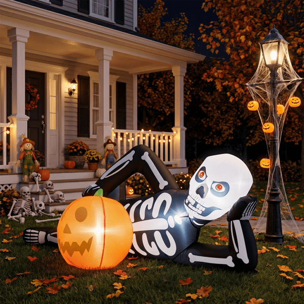 Alvantor 7 ft Long Reclining Skeleton Halloween Inflatable with Pumpkin, 7 LED Lights and Built-In Blower, Black White and Orange