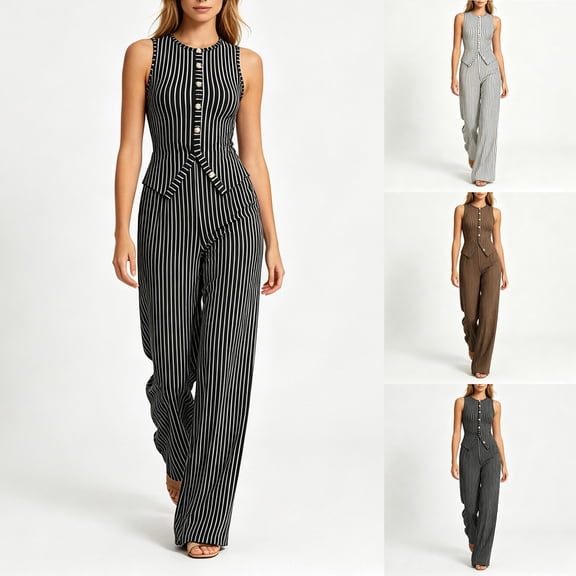Women's 2 Piece Business Casual Outfits Striped Button Up Sleeveless Tank Tops with Pants Comfy Set Black XL(XL)