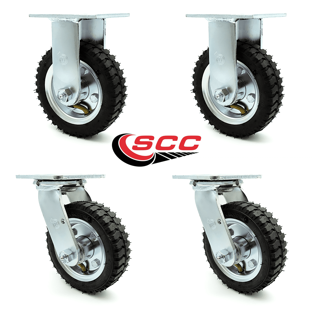 6" Pneumatic Caster Set of 4 2 Swivel/2 Rigid Black Rubber Wheel
