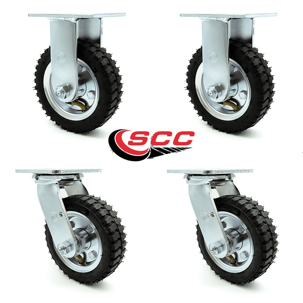 6" Pneumatic Caster Set of 4 2 Swivel/2 Rigid Black Rubber Wheel