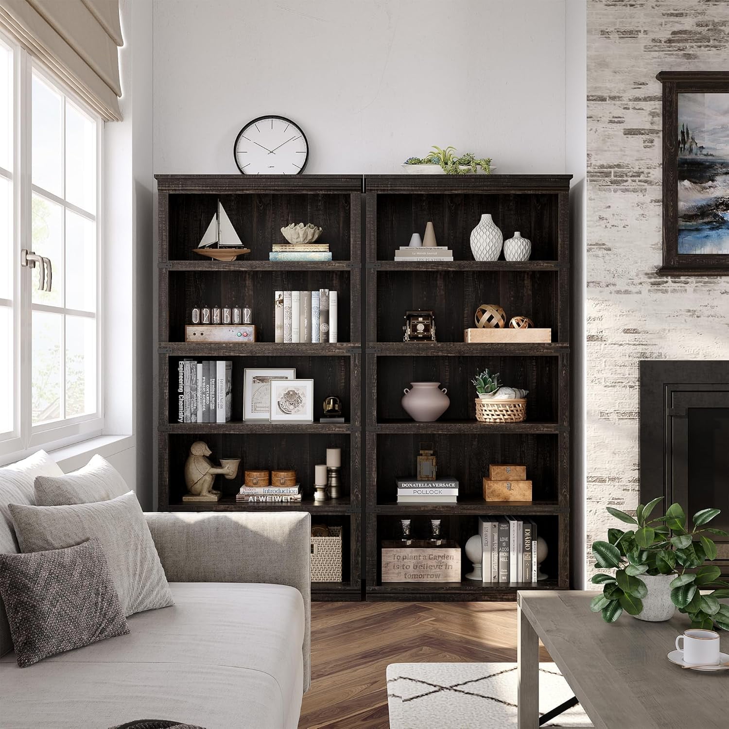 67.4" Tall 5-Tier Farmhouse Bookcase – Wooden Bookshelf with Open Display Shelves and Storage, Freestanding Home Office, Living Room, Bedroom Furniture, Dark Oak